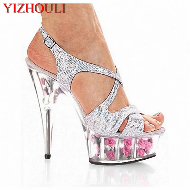

Glitter romantic rose crystal sandals 15cm high-heeled shoes 6 inch flower wedding shoes Gorgeous gladiator sexy lady's shoes