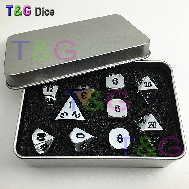 

10pcs/set Silver Color Metal Dice d4 3xd6 d8 d10 d12 2xd20 with Iron Box for Dungeons and Dragons Game