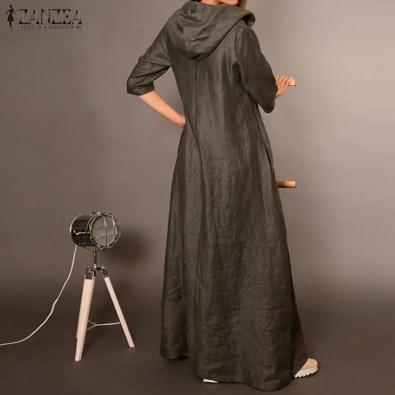 ZANZEA Women Vintage Hoodies Dress Autumn 3/4 Sleeve Zipper Maxi Long Sundress Elegant Ladies Work