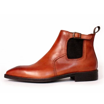 

High-end handmade custom leather retro elastic band coating process square brown Chelsea men's shoes