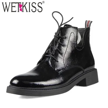 

WETKIS 2019 Patent Leather Boots Women Round Toe Lace Up Footwear Warm Boots Female Thick Heels Motorcycle Shoes Woman Winter