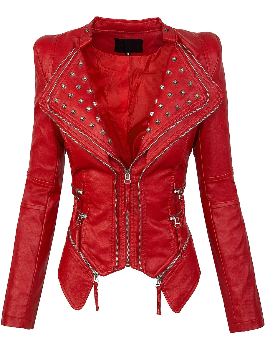 autumn women red jacket coat faux leather Plain Wide Lapel Rivet zipper