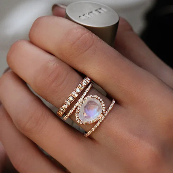 Модное кольцо с натуральным лунным камнем, покрытое розовым золотом, микро-набор колец для женщин, роскошные ювелирные изделия, подарки - Цвет основного камня: Rose Gold