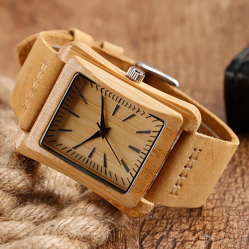 Rectangle Dial Wooden Watches for Men Natural Wood Bamboo Analog Display Genuine Leather Band Quartz Clocks Male Christmas Gifts 2020 2019 (12)