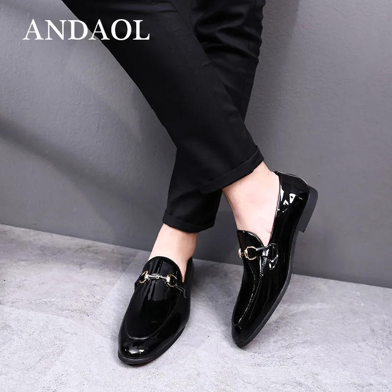 

ANDAOL Men's Leather Casual Shoes Fashion Bright Leather Matal Buckle Non-Slip Loafers Luxury Slip-On Wedding Dress Party Shoes