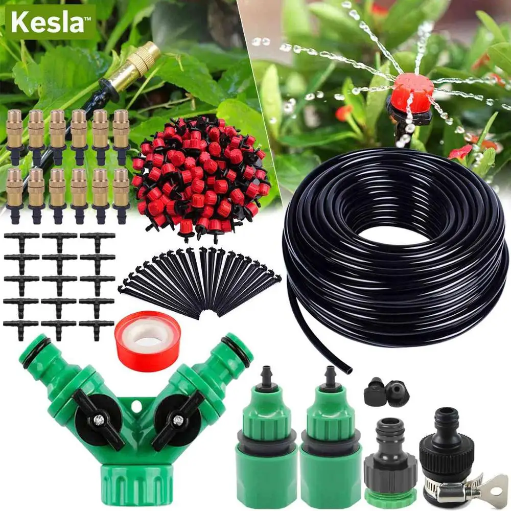 

10M 15M 20M 25M 30M Watering Drip Irrigation System Watering Kit w/ 1/4'' PVC Garden Hose Misting Sprinkler Dripper Tee Adaptor