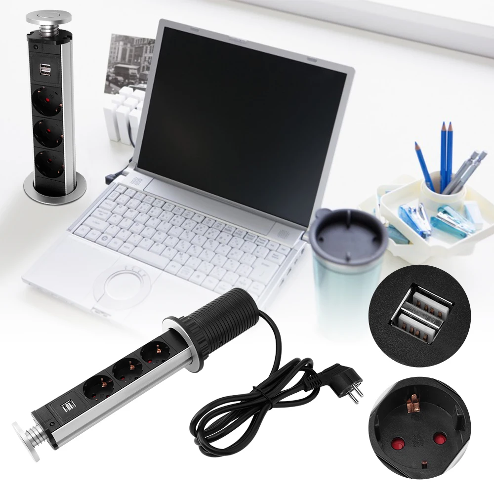 

BORUiT Hidden Desk Table Pull Pop Up Electrical Sockets Power Strip 3 EU Sockets 2 USB Outlet Power Socket 220V 16A for Home
