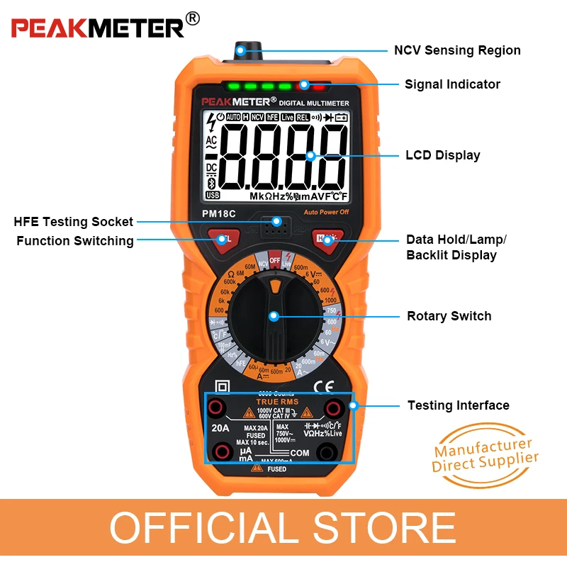 Цифровой мультиметр PEAKMETER PM18C True RMS AC/DC Измеритель сопротивления напряжения Емкость Частота Температура NCV тестер