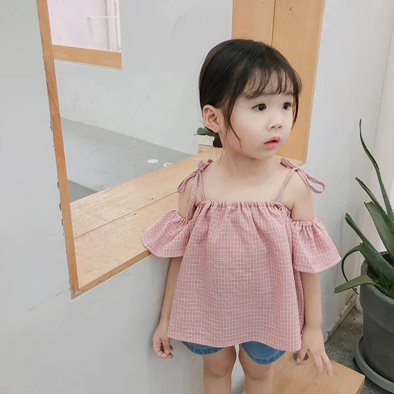 

2019 Summer Baby Girls Straps Off Shoulder Tops Ruffles Plaid Kids Blouses Korean Style Children Clothes Cute Shirts