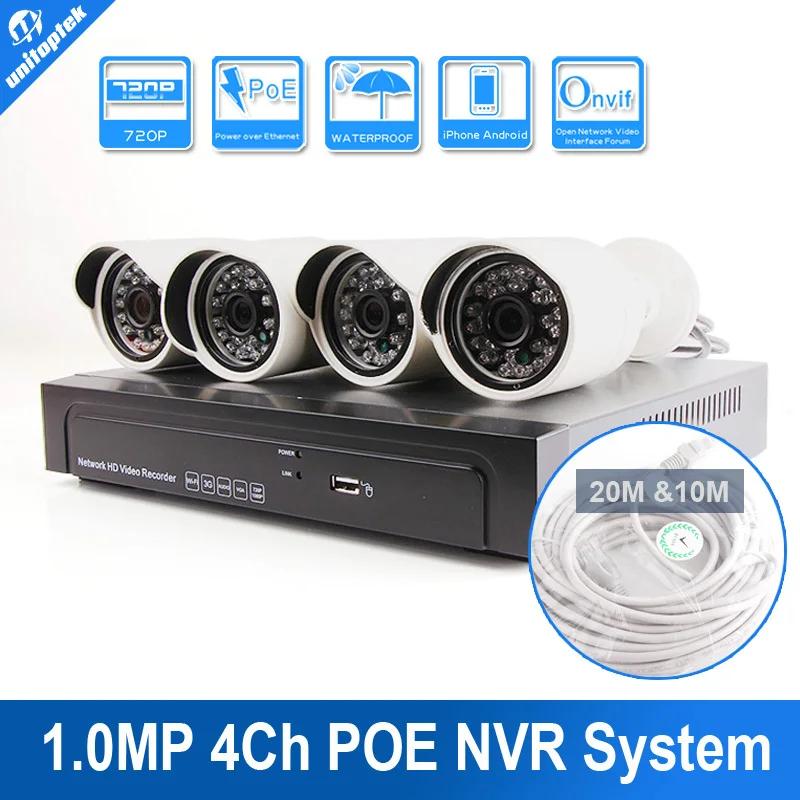 UNITOPTEK 1.0MP Home Security 4CH HD 720P POE IP Camera CCTV NVR System 4 Channel POE NVR Kit Video Surveillance System