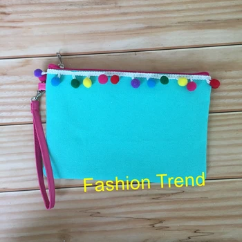 

10pcs/lot 2019 new arrival monogram canvas pom pom cosmetic bag makeup bags women accessory bag personalize clutch bag