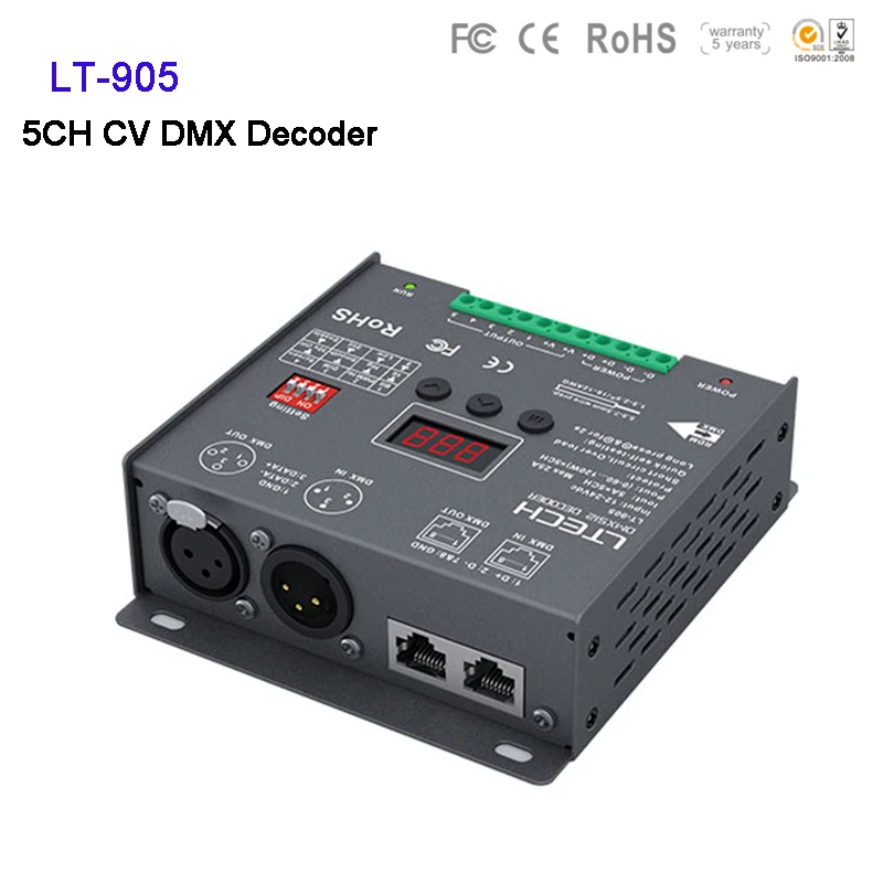 

LTECH LT-905 Led DMX controller DC12V-24V 5A*5CH Max 25A 600W RGB/RGBW Led CV Decoder XLR-3/RJ45 Connector