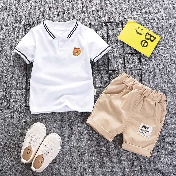 

2019 New Summer Boy Clothing Set Short Sleeve Striped Bear Cotton Vest+Shorts 2PCS Solid Children Suit Boys Sports Outfit Set