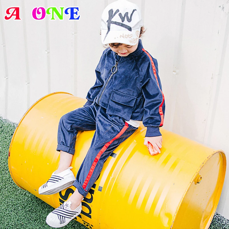 Spring Autumn pleuche solid white pipe baby boys jacket + pants boys 2 pcs set kids suit children clothes 2 to 10 yrs