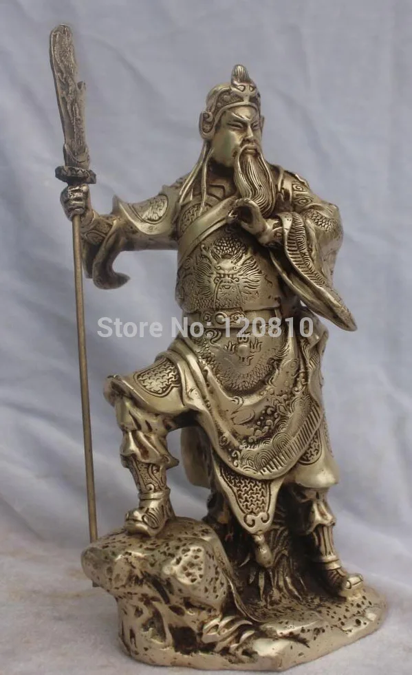 

9" Chinese Silver Dragon Warrir GuanGong Guan Gong GuanYu Hold Sword Base Statue