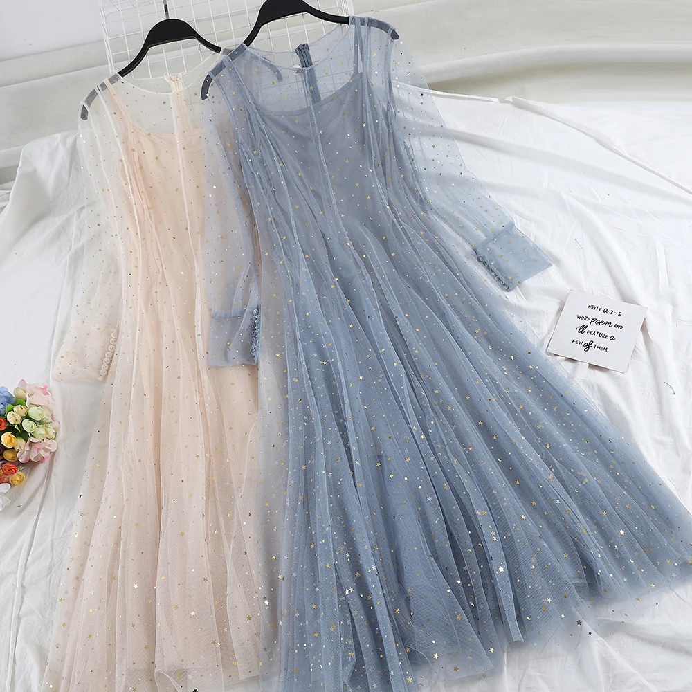 

2019 Spring New Arrival Spring Super Flash Star Moon Sequined Slim Two Pieces Dress Sets Women's Mid Length Fairy Mesh Dress