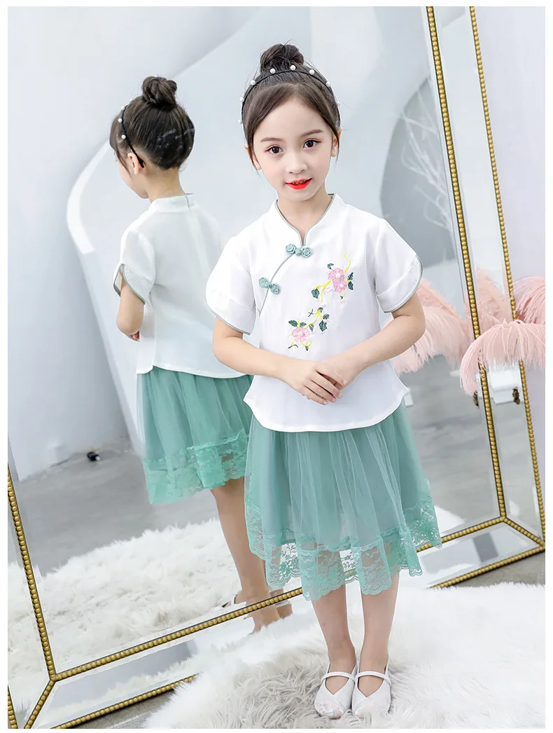 Trend fashion girls Hanfu suit new summer children's embroidery Chinese style costumes little girl chiffon skirt two-piece explo