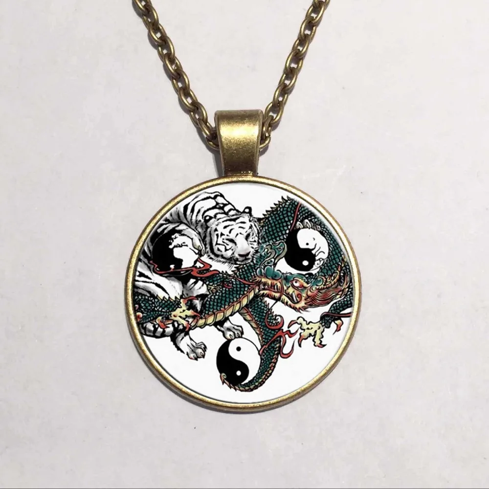 

New fashion Chinese dragon tiger Tai Chi Yin Yang vintage retro glass photo pendant choker chain necklace jewelry for women men