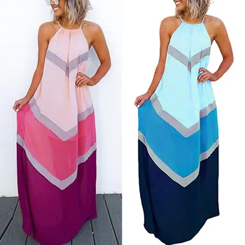 

Women's Halter Dress 2020 Fashion Striped Color Patchwork Pleated Back Hollow Out Maxi Long Dresses Girls Summer Dresses