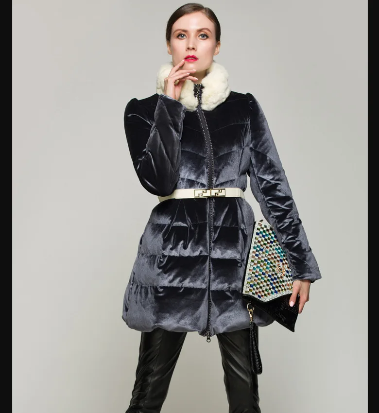 Зимняя куртка для женщин, новинка года, высококачественные роскошные бархатные длинные тонкие куртки с кроличьим меховым воротником для девочек, куртка-пуховик с подолом - Цвет: Серебристый