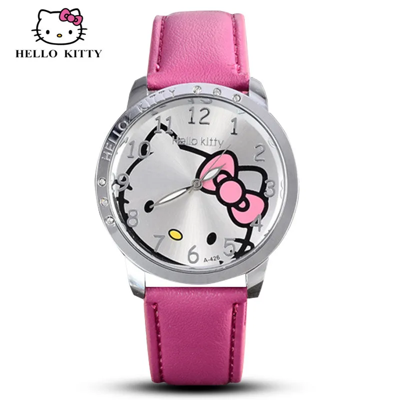 Часы Hello Kitty для женщин малыш кварцевые наручные часы мультфильм Кожа милые дети 3D Кристалл Мода Горячие Relojes Рождественский подарок - изображение