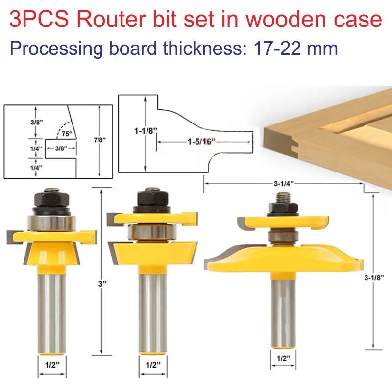 3pcs 1/2 Shank Router bit set in wooden case Woodworking Drill Tool