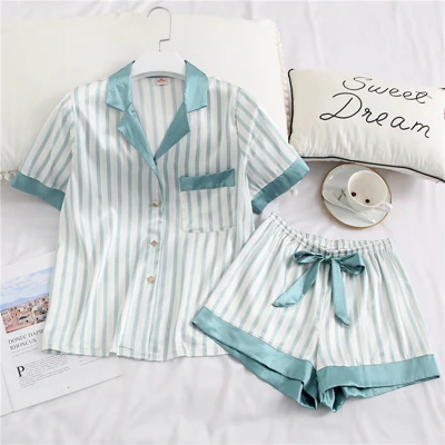Fiklyc, нижнее белье, женские летние пижамы с коротким рукавом, комплекты с короткими штанами, в полоску, сексуальные и милые комплекты одежды для сна, пижамы для девочек - Цвет: water blue set