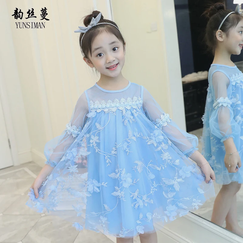 

Girl Long Sleeve Dress Autumn 2018 Children Light Blue Appliques Petal Princess Dresses Girls Sweet Party Dress 3 - 12 Y 50M22A