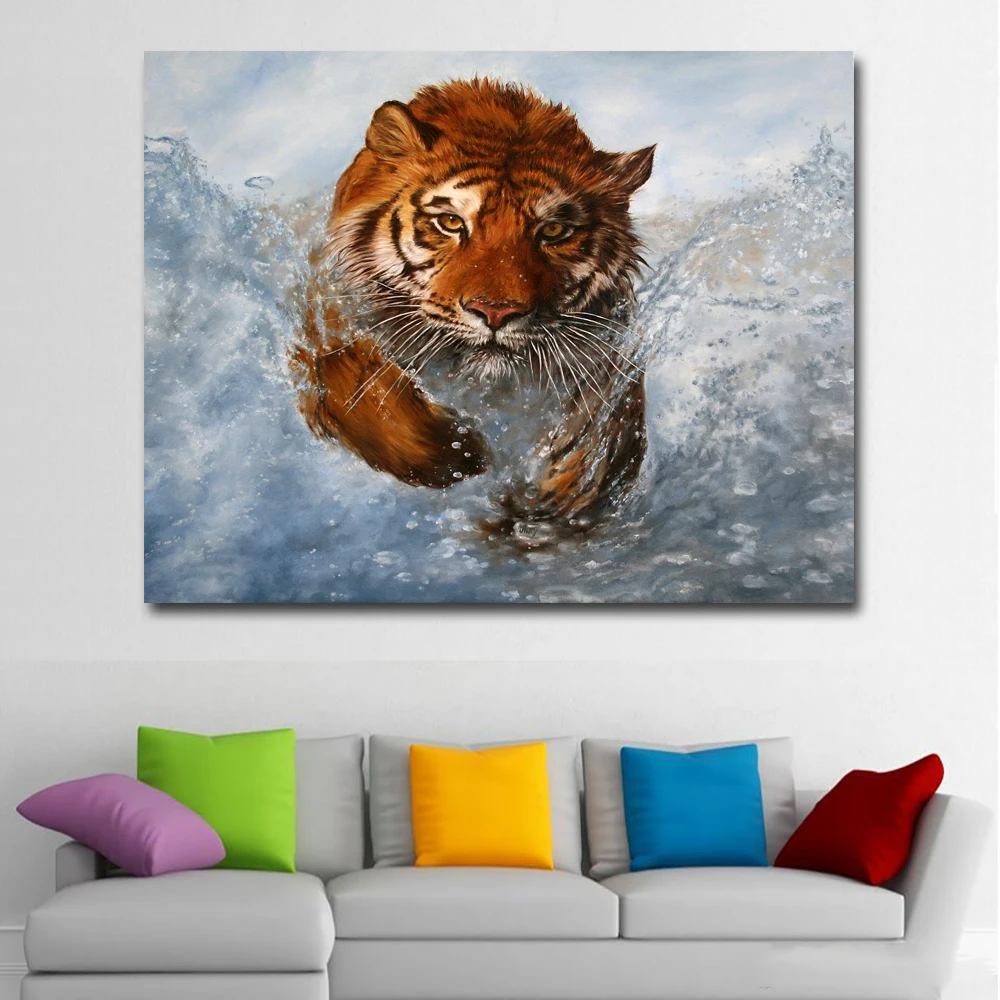 

HD Animal Painting Tiger Running In Water Wall Art Prints Pictures Printed On Canvas Art Print Posters For Living Room Decor