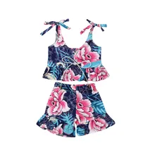 Новая летняя одежда с цветочным принтом для маленьких девочек, топы с повязкой на бретельках для маленьких детей, комплекты с шортами