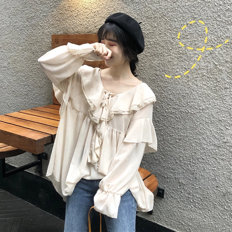 الربيع 2019 جديد الكورية الحلو طويل الأكمام الإناث الخامس الرقبة قميص فضفاض الشيفون قمصان أنيقة النساء قمصان
