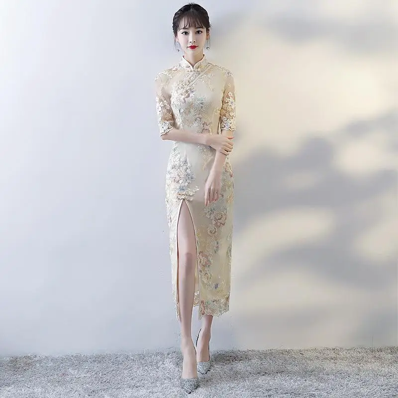 Китайское свадебное платье невесты винтажное улучшенное Ципао классическое шампанское Cheongsam элегантные вечерние платья с цветами Классические Вечерние платья - Цвет: Champagne Style 6