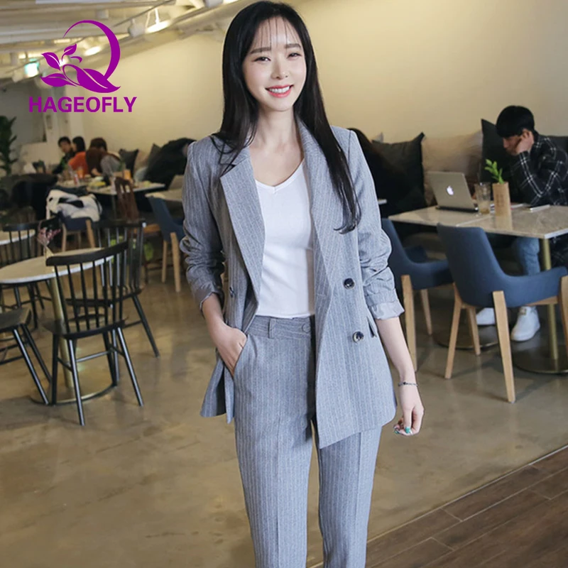Новые корейские женские костюмы Полосатый Черный Белый Серый блейзер с девятью штанами женский двубортный офисный костюм из двух частей женский - Цвет: gray
