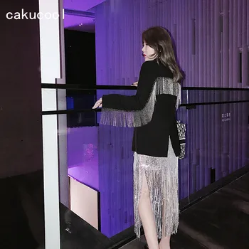 

Cakucool Casual Notched Spring jacket Women Spring Heavy Tassels Patch Blazer Coat Slim Chic Party Blazers Outerwear Female
