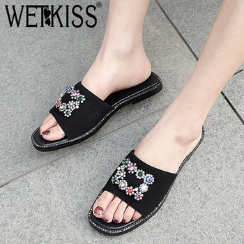 

WETKISS Summer Flat Slippers Women 2019 New Slides Shoes Crystal Buckle Mules Shoes Ladies Kid Suede Shoes Female Plus Size 45
