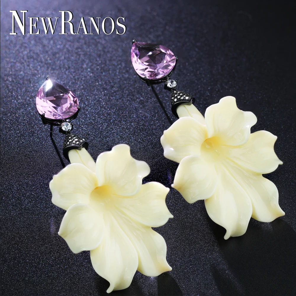 Newranos, женские серьги-капли, трендовые висячие серьги в виде цветка, розовые серьги в форме капли воды, серьги с кристаллами для женщин, модное ювелирное изделие EFX009884