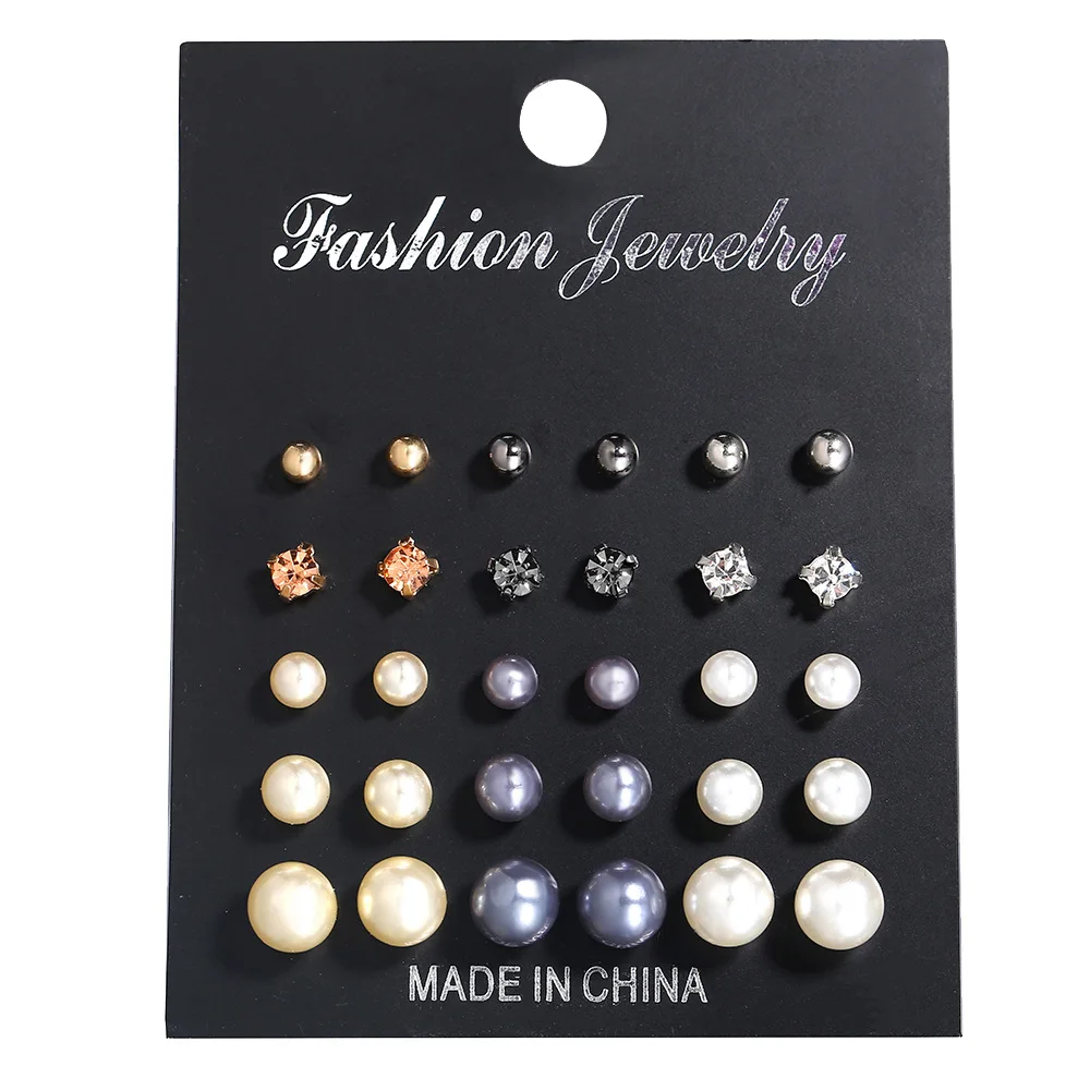 

15 pairs/set Crystal Simulated Pearl Earrings Set Women Jewelry Piercing Ball Stud Earring Brincos Gift