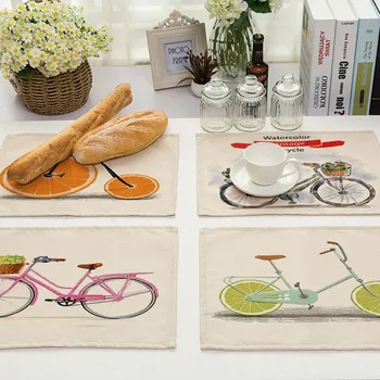 

1Pcs Fruit Bike Bicycle Pattern Kitchen Placemat Dining Table Mat Tea Coaster Cotton Linen Pad Cup Mat 42*32cm Home Decor MC0048
