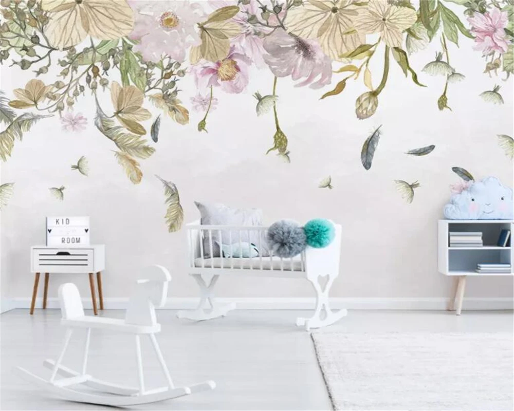 

Beibehang Custom Wallpaper Modern small fresh leaves floral feathers watercolor style background wall wallpaper for kids room