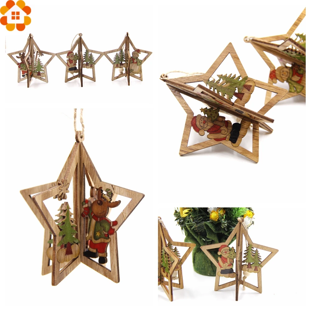 3 набора, 3D креативные рождественские деревянные подвески, украшения, сделай сам, звезда и сердце, деревянные поделки, рождественские украшения, елочные украшения, детские подарки