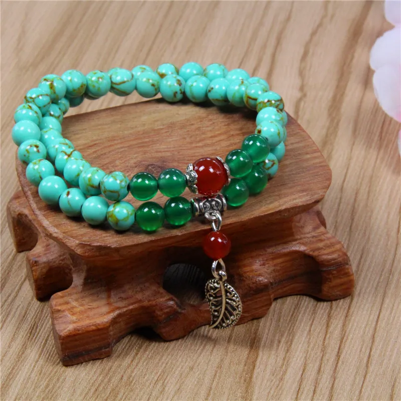 

National Wind Pine Chalcedony Female Bracelet Tibetan Silver Leaves Two-Leaf Bracelet Circumference 35cm Travel Jewelry