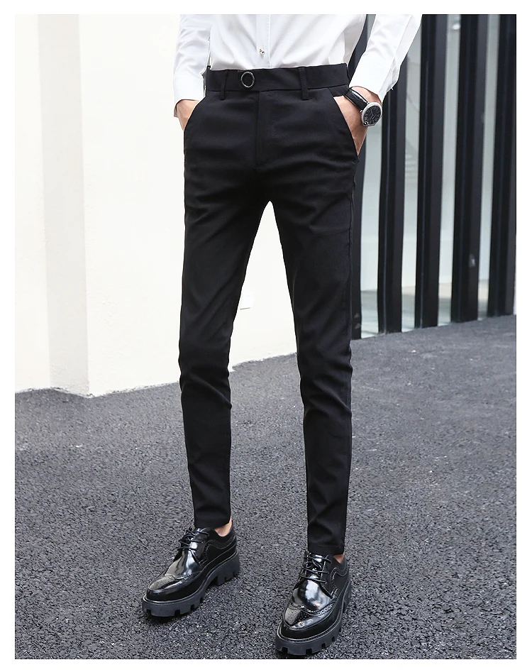 Новинка 2018 г. Британский Стиль Для мужчин брюки черный Slim Fit Тощий костюм брюки формальные длинные брюки Мужской Качество стрейч