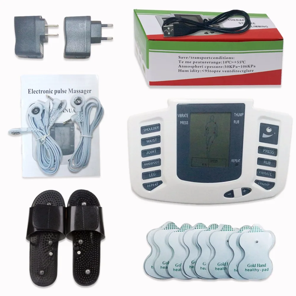 Acupuntura com Terapia Estimulador Elétrico Corpo Inteiro Relaxar Músculo Massageador Digital Pulso Dezenas Chinelo 16 Pçs Elétrodo Almofadas 2 Estimulador elétrico corpo inteiro relaxar músculo massageador