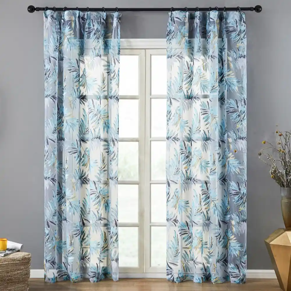 Topfinel Blue Tropical Leaves Print Sheer Curtains For Living Room