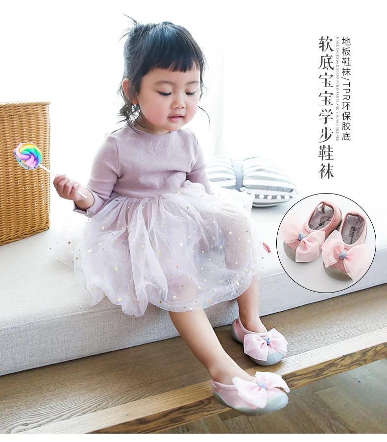 Newborn Boy Girl Anti-slip Socks Baby Anti-skid Soft Socks Baby Lace Bow Socks With Rubber Soles  Toddlers Baby Socks Kids First Walker Warm boy girls First walking slipper Socks (2)
