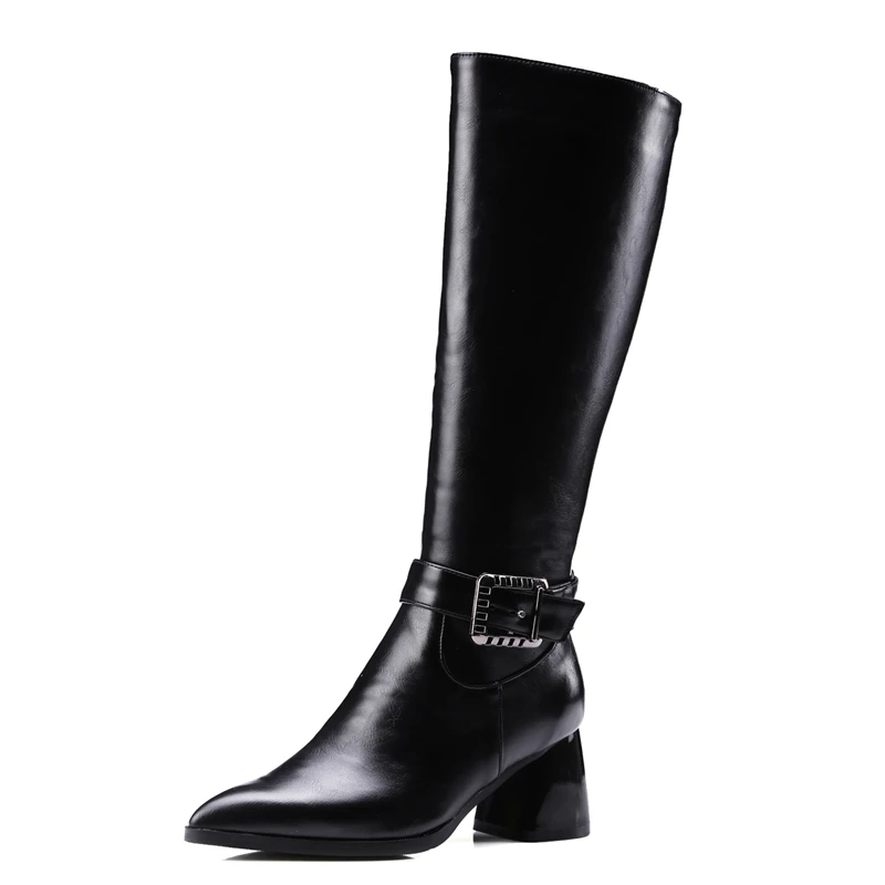 Зимние Модные женские сапоги до колена теплая зимняя обувь на высоком толстом каблуке с острым носком рыцарские сапоги женская обувь, размер 32-43 - Цвет: Black