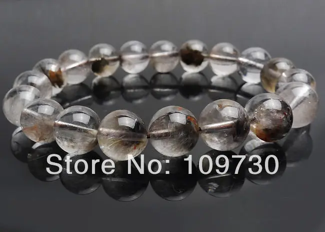 

00654 Natural Crystal Black Silver Brookite Rutilated Quartz Bracelet 10-10.5MM