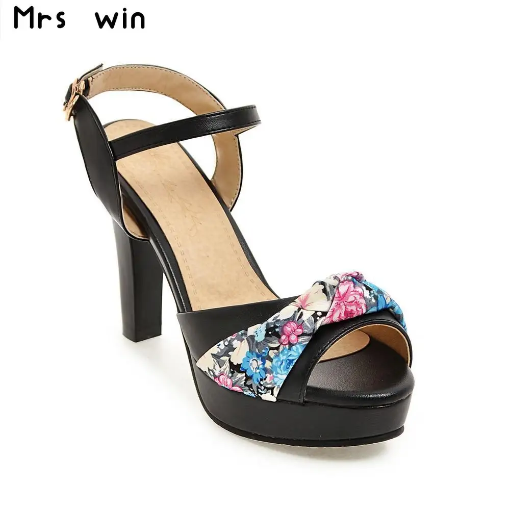 

New fashion women sandals high heels platform shoes woman flower bowtie women shoes black blue pink white large size 34-43