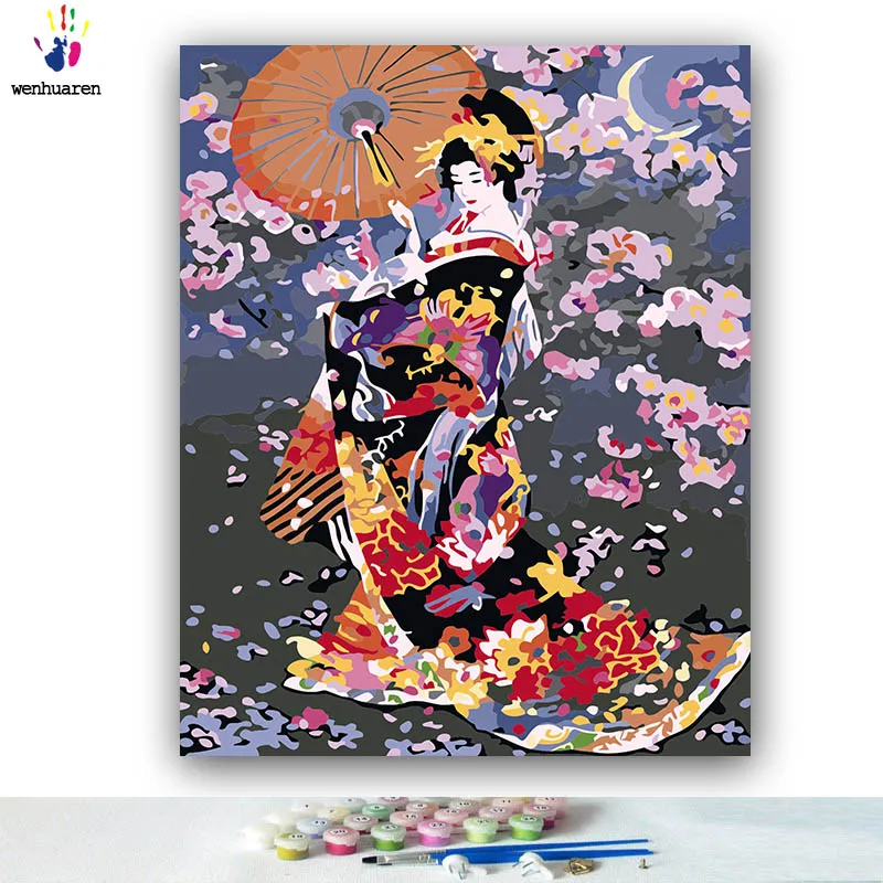 DIY картинки для раскраски по номерам с цветами японский цветок гейши картина Рисование по номерам в рамке дома - Цвет: 6911