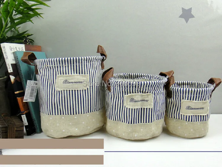 

organizer bucket waterproof navy stripe sundries storage barrel stationary holder S M L mixed cotton and linen foldable